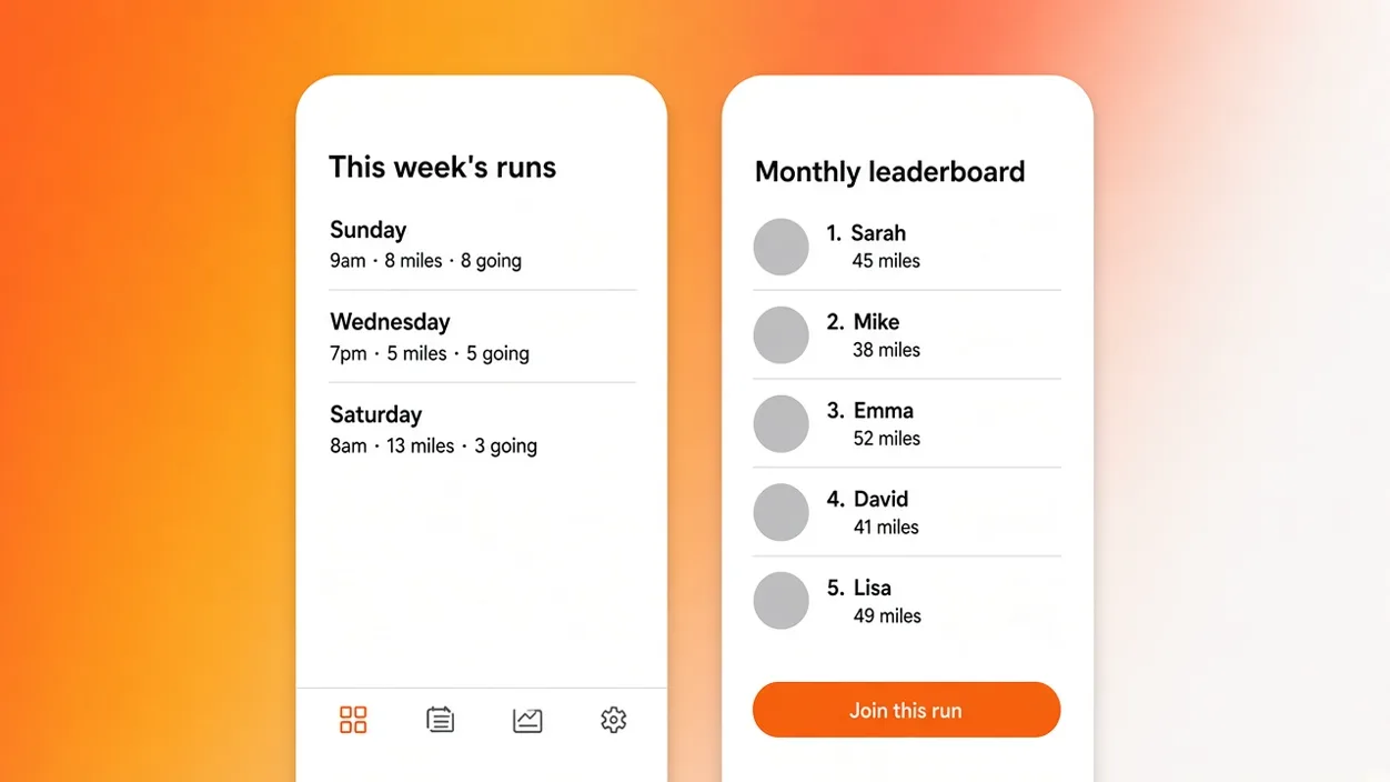 AI app builder output: two iPhone screens generated by Eqlo showing a running club schedule and a member leaderboard