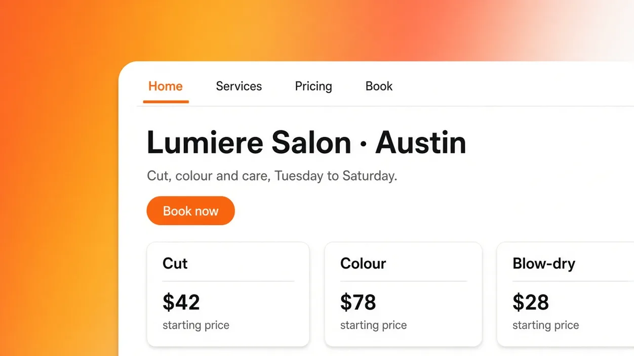 AI website builder editor showing a hair salon site generated from one sentence, with services, prices and a booking button