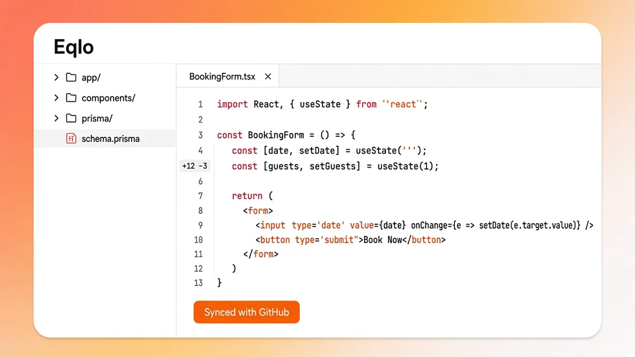 Eqlo built-in code editor showing an AI-generated React component synced with a GitHub repository