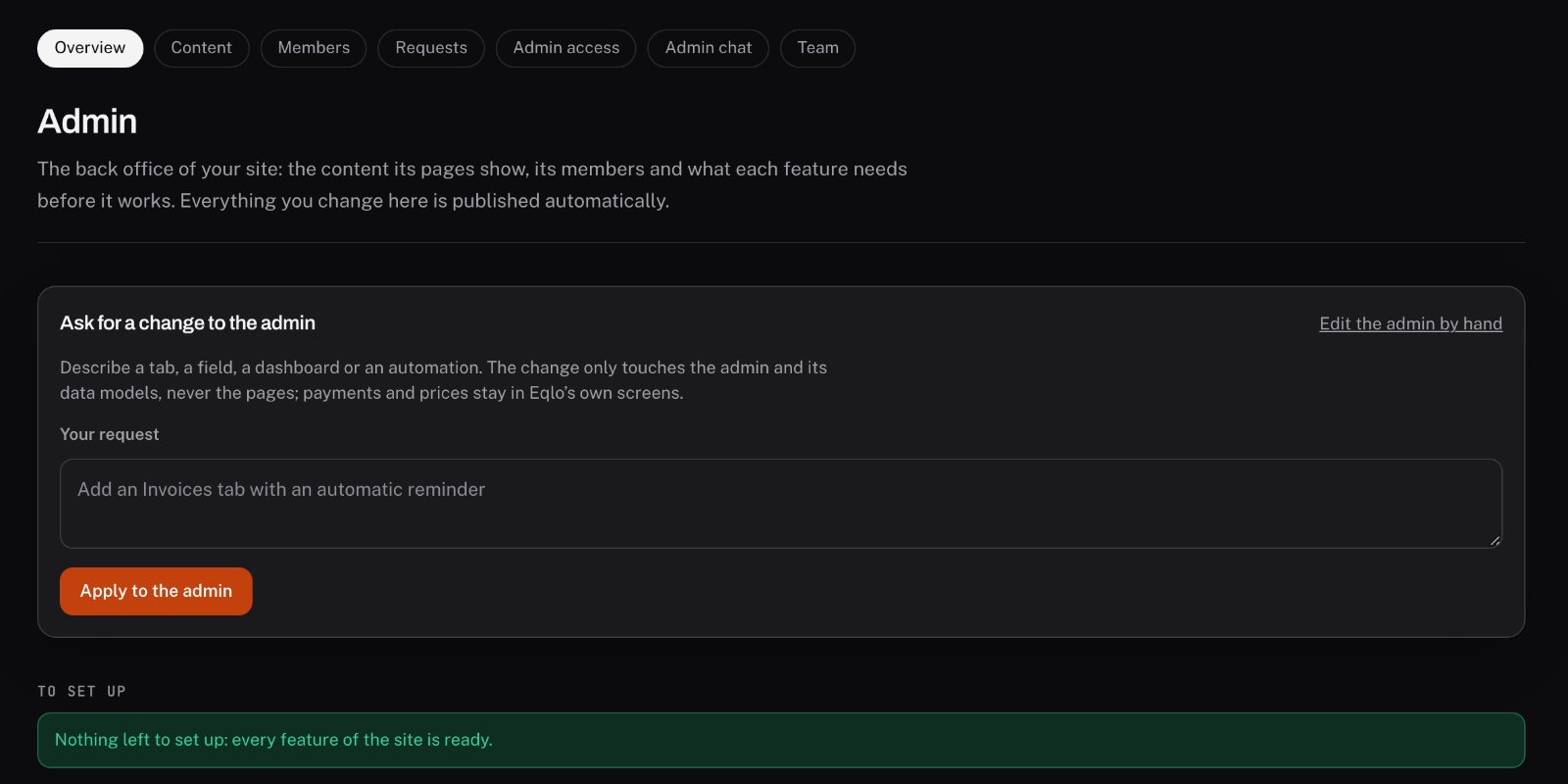 The “Ask for a change to the admin” box in Eqlo, with the request “Add an Invoices tab with an automatic reminder”