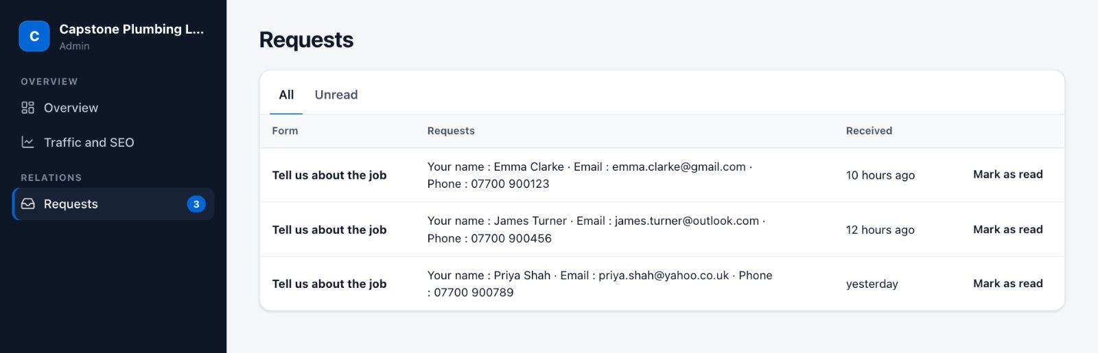 Requests screen of the admin: three quote requests with each customer’s name, email, phone and time received