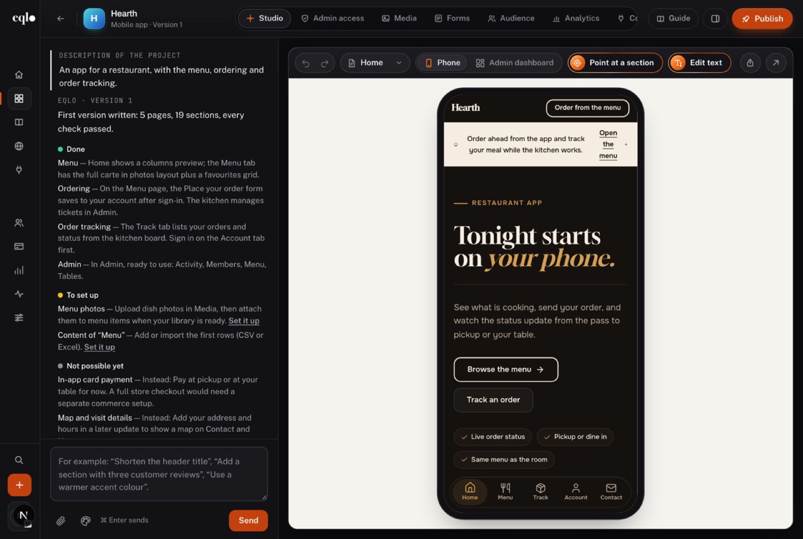 Hearth restaurant app in the Eqlo studio, shown in a phone frame with the menu, order tracking and a tab bar