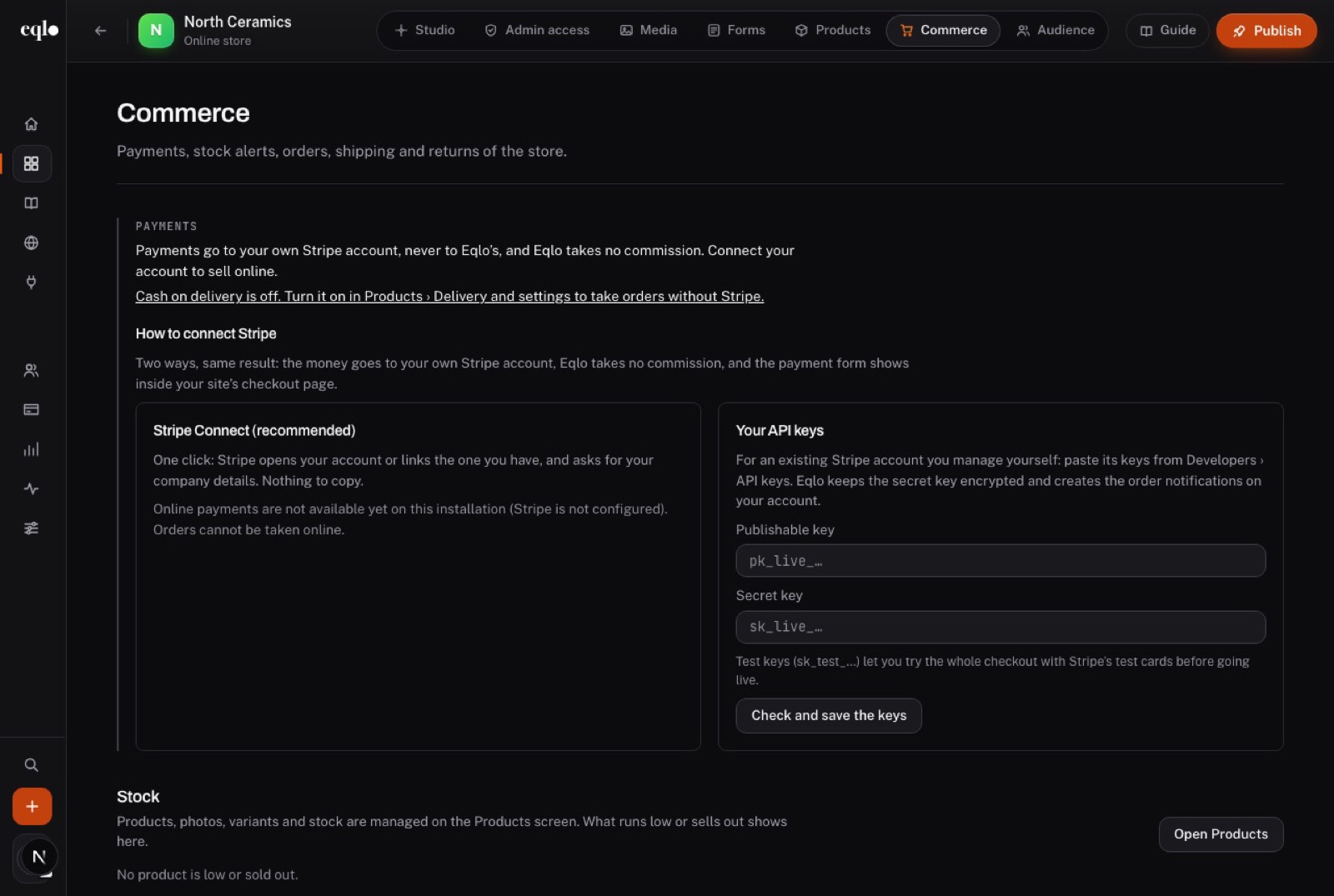Commerce screen of the North Ceramics store: the two ways to connect Stripe, with no commission taken by Eqlo, and the stock alerts