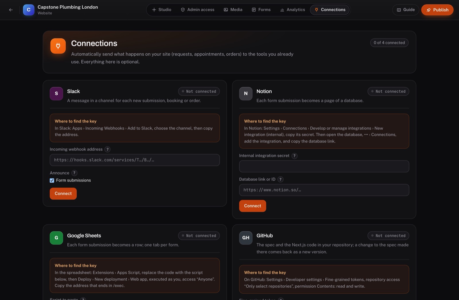 Connections screen of Capstone Plumbing London: Slack, Notion, Google Sheets and GitHub, each with where to find its key