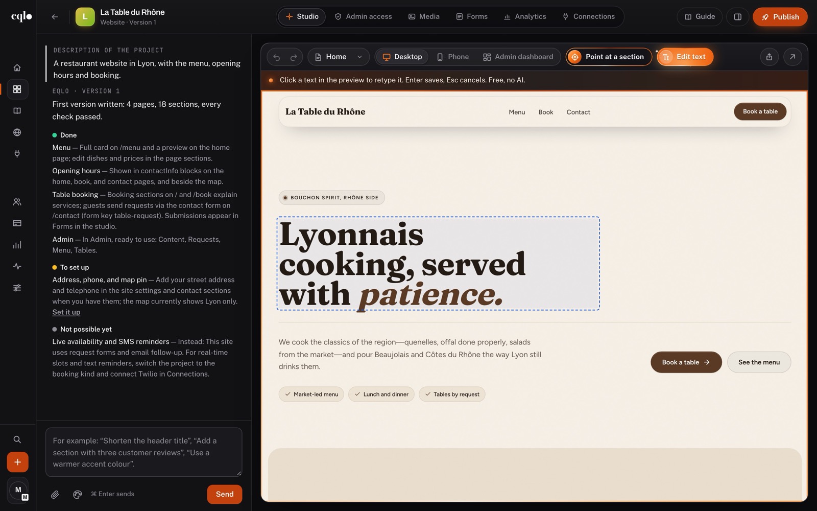 Edit text mode in the Eqlo studio: the headline “Lyonnais cooking, served with patience” selected for direct typing on the restaurant website