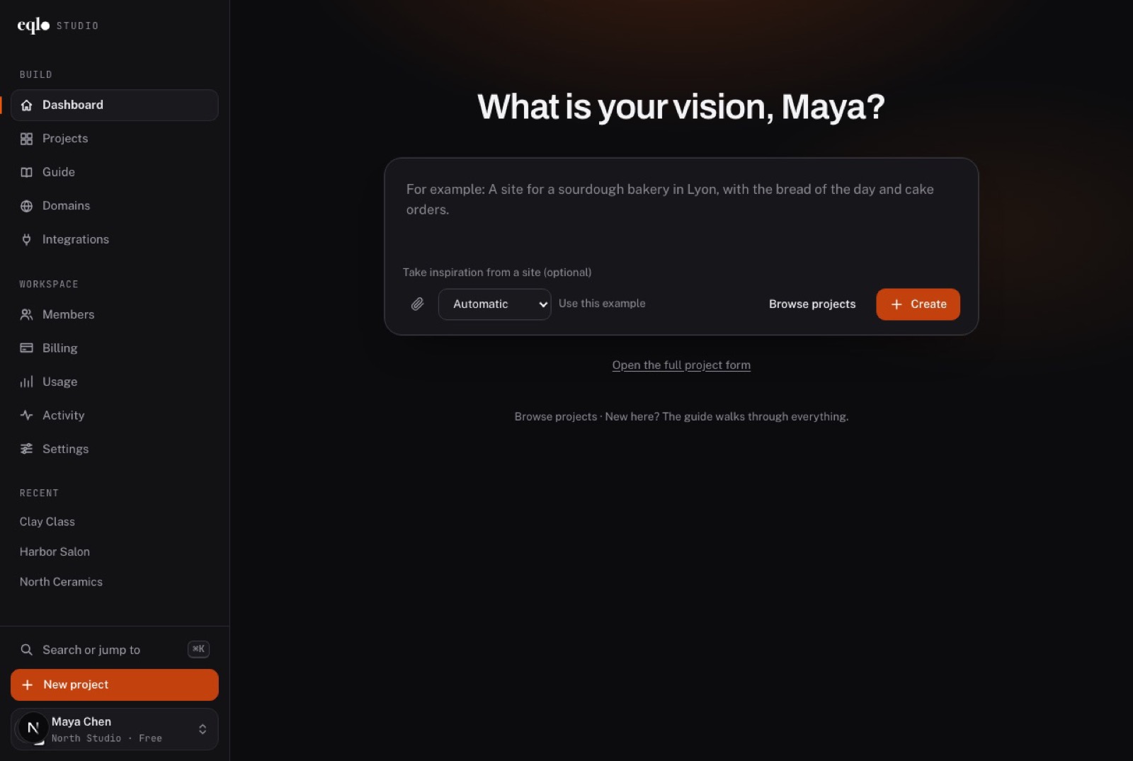 Eqlo dashboard asking “What is your vision, Maya?”, with a box to describe the project, an optional inspiration site and a Create button