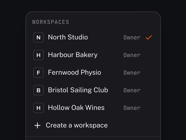 The Eqlo studio workspace menu: the agency’s workspace and one workspace per client