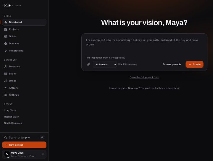 The Eqlo studio home: “What is your vision?” above the project prompt
