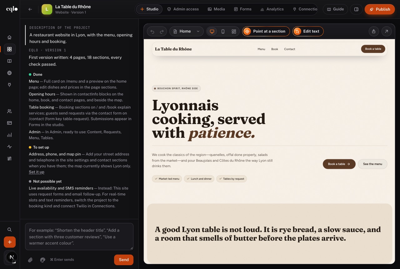 Studio view of La Table du Rhône, a restaurant website in Lyon: the summary of done and to-do items on the left, the home page preview on the right