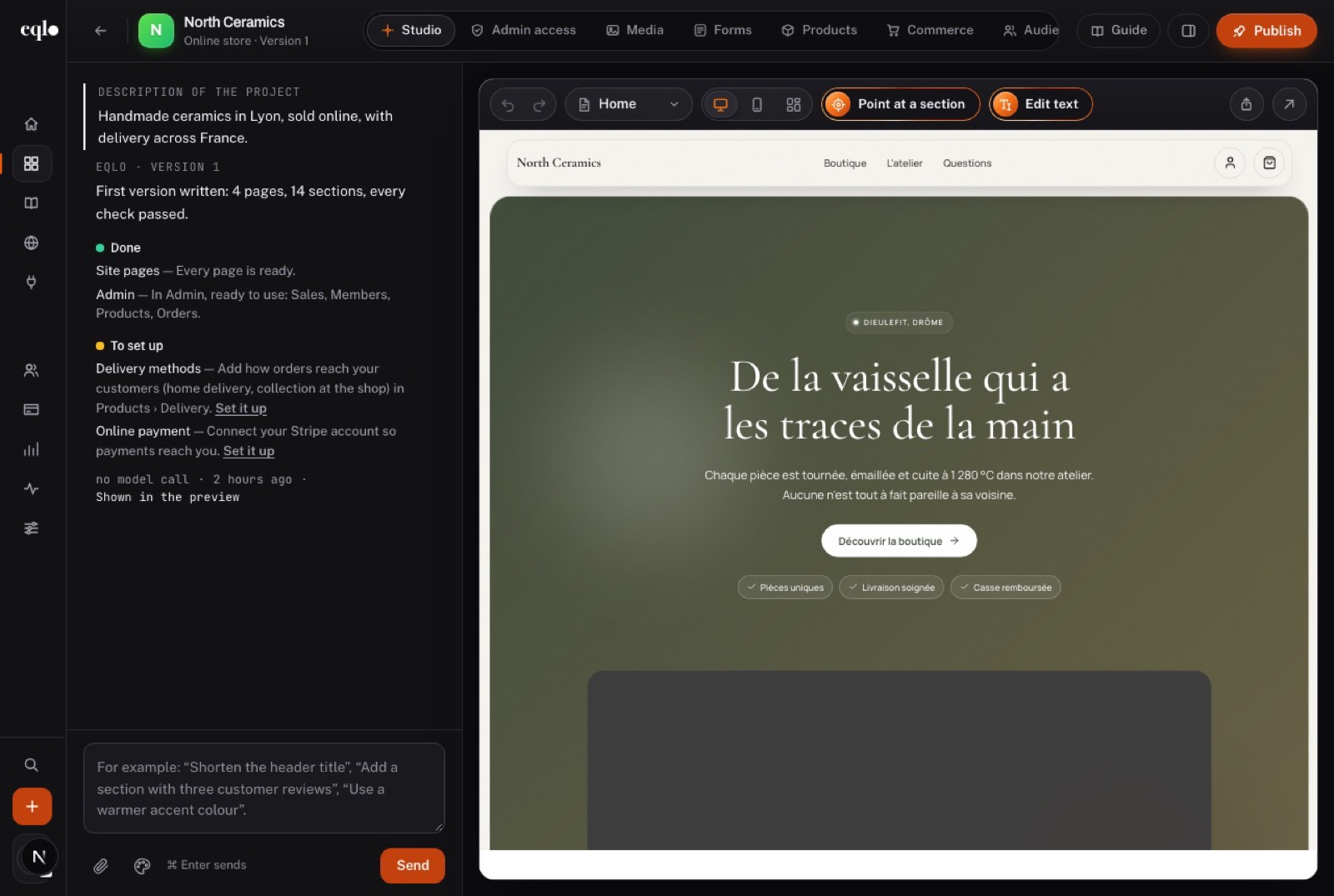 Eqlo features in the studio: the North Ceramics online store, its first version summary on the left and the live preview of the home page on the right