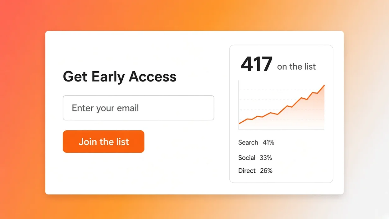 Launch page preview with a waitlist form and a count of people on the list