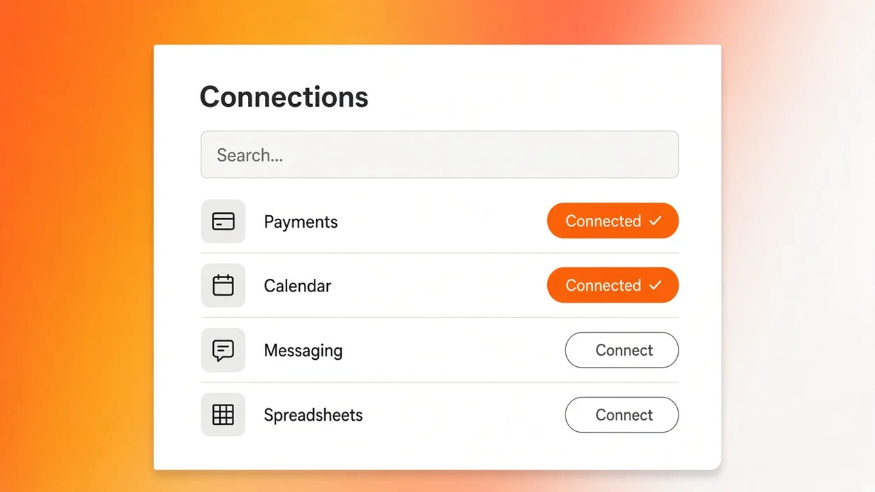 Connections panel in Eqlo showing payments, calendar, messaging and spreadsheet services linked to the project