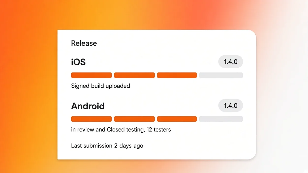 Release panel showing a signed iOS build in review and an Android build in closed testing