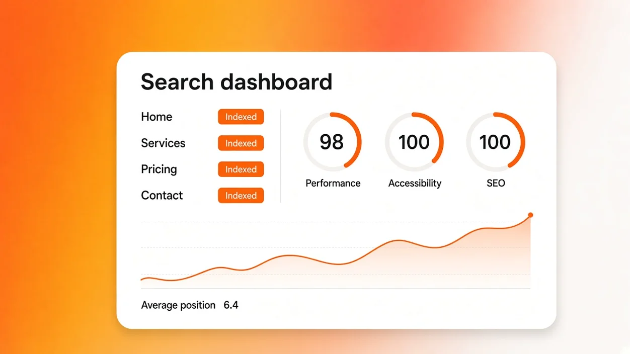 SEO dashboard for an AI-generated website in Eqlo, showing indexed pages, performance scores and average search position