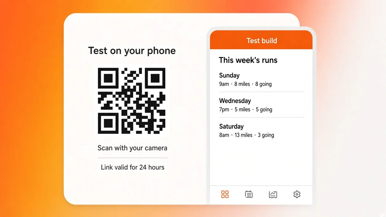 Testing an AI-built mobile app: a QR code in Eqlo opens the test build on your own phone before publishing