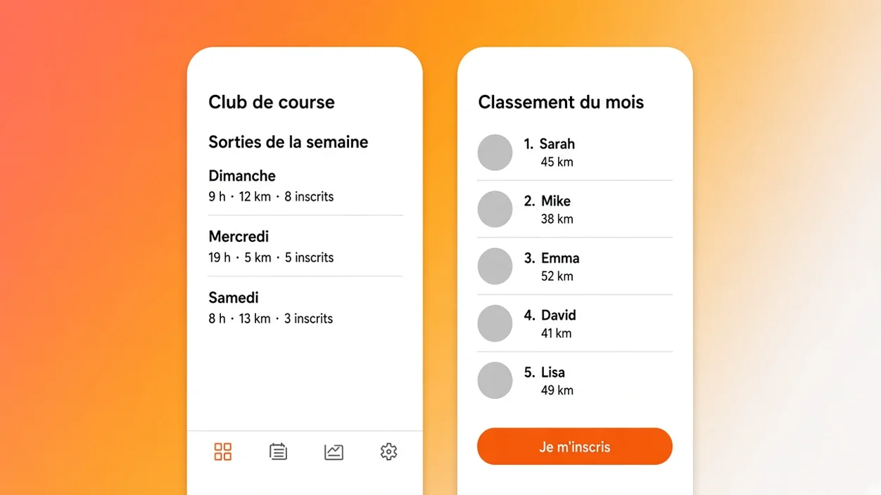 Créer une application mobile avec l'IA : deux écrans iPhone générés par Eqlo montrant les sorties d'un club de course et le classement des membres