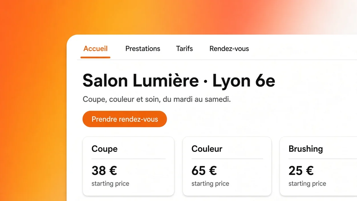Créer un site internet avec l'IA : l'éditeur Eqlo affiche un site de salon de coiffure généré à partir d'une phrase, avec ses prestations et son bouton de prise de rendez-vous
