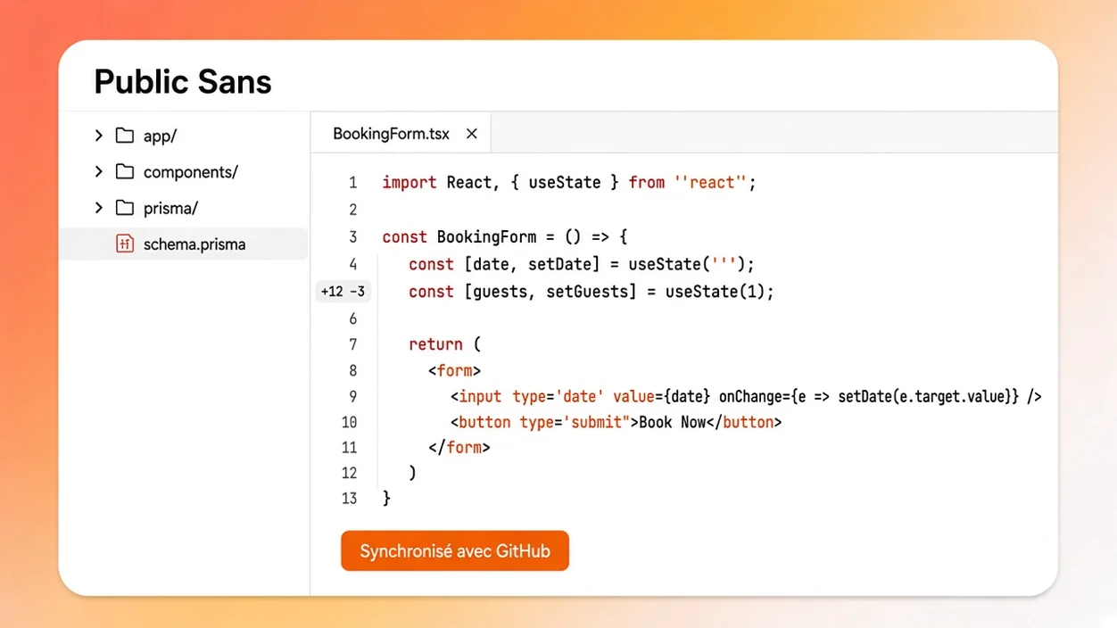 Éditeur de code intégré d'Eqlo affichant un composant React généré par IA et synchronisé avec GitHub
