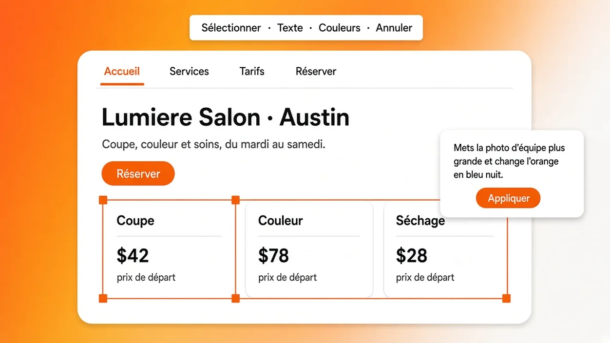 Modifier un site créé par IA en langage naturel : un bloc est sélectionné dans Eqlo et la modification est demandée en français
