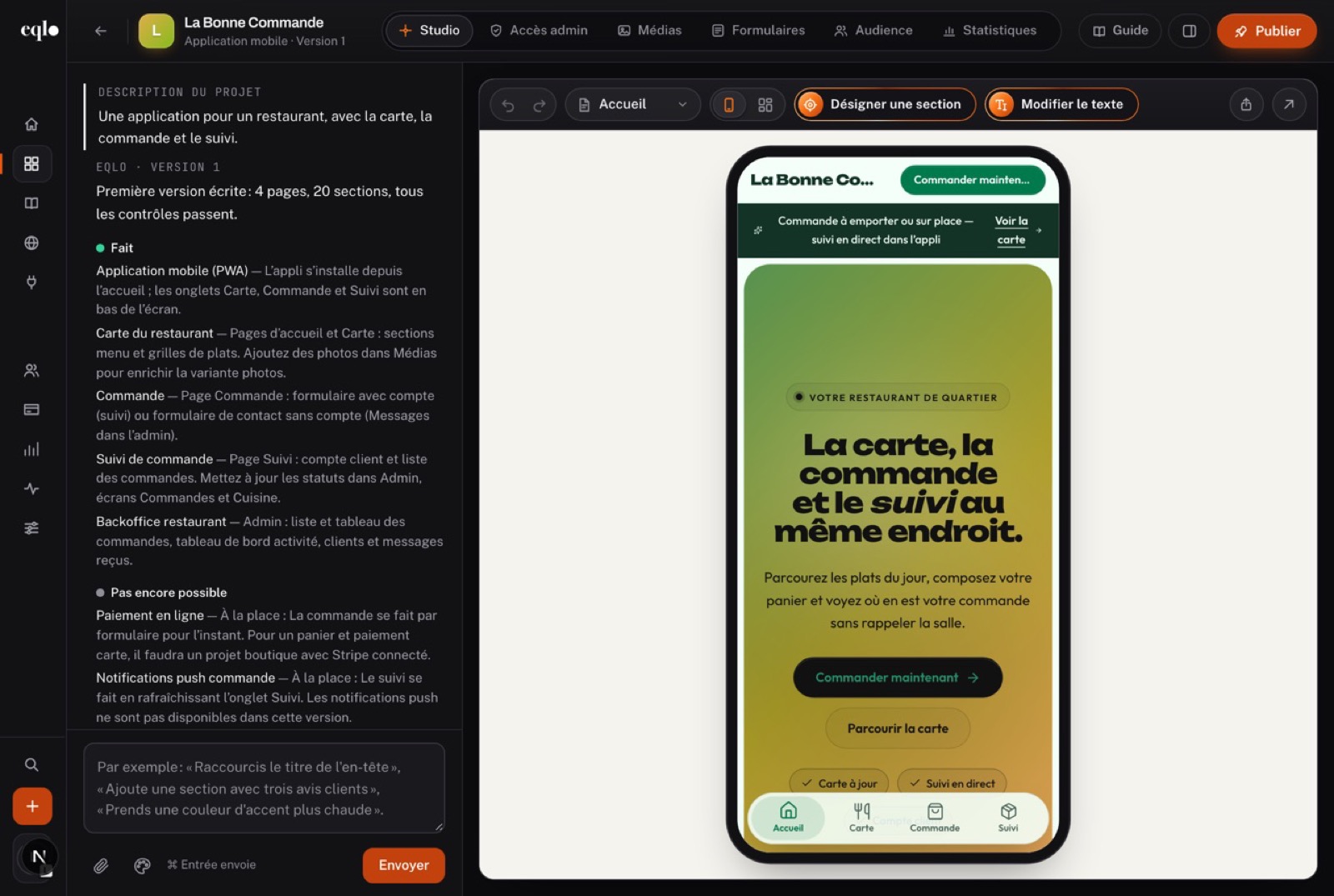Application La Bonne Commande dans le studio Eqlo, affichée dans un téléphone avec la carte, la commande, le suivi et la barre d’onglets