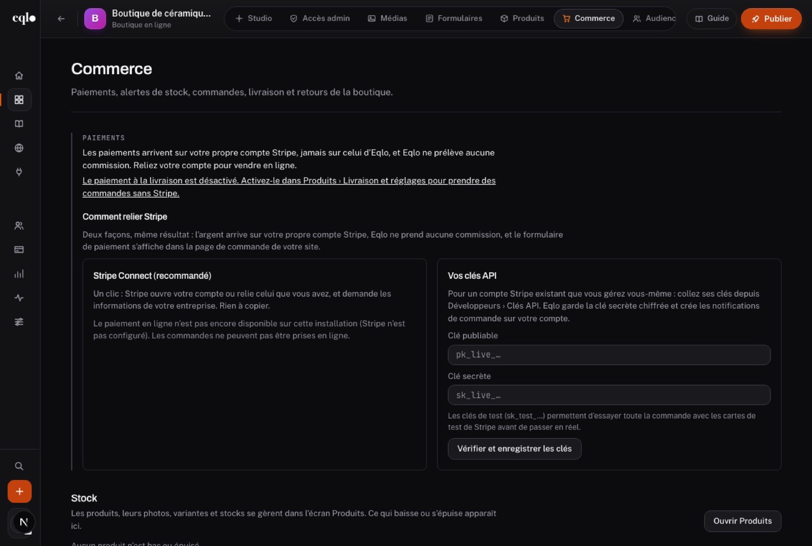 Écran Commerce de la boutique de céramiques : les deux façons de relier Stripe, sans commission prélevée par Eqlo, et le suivi du stock