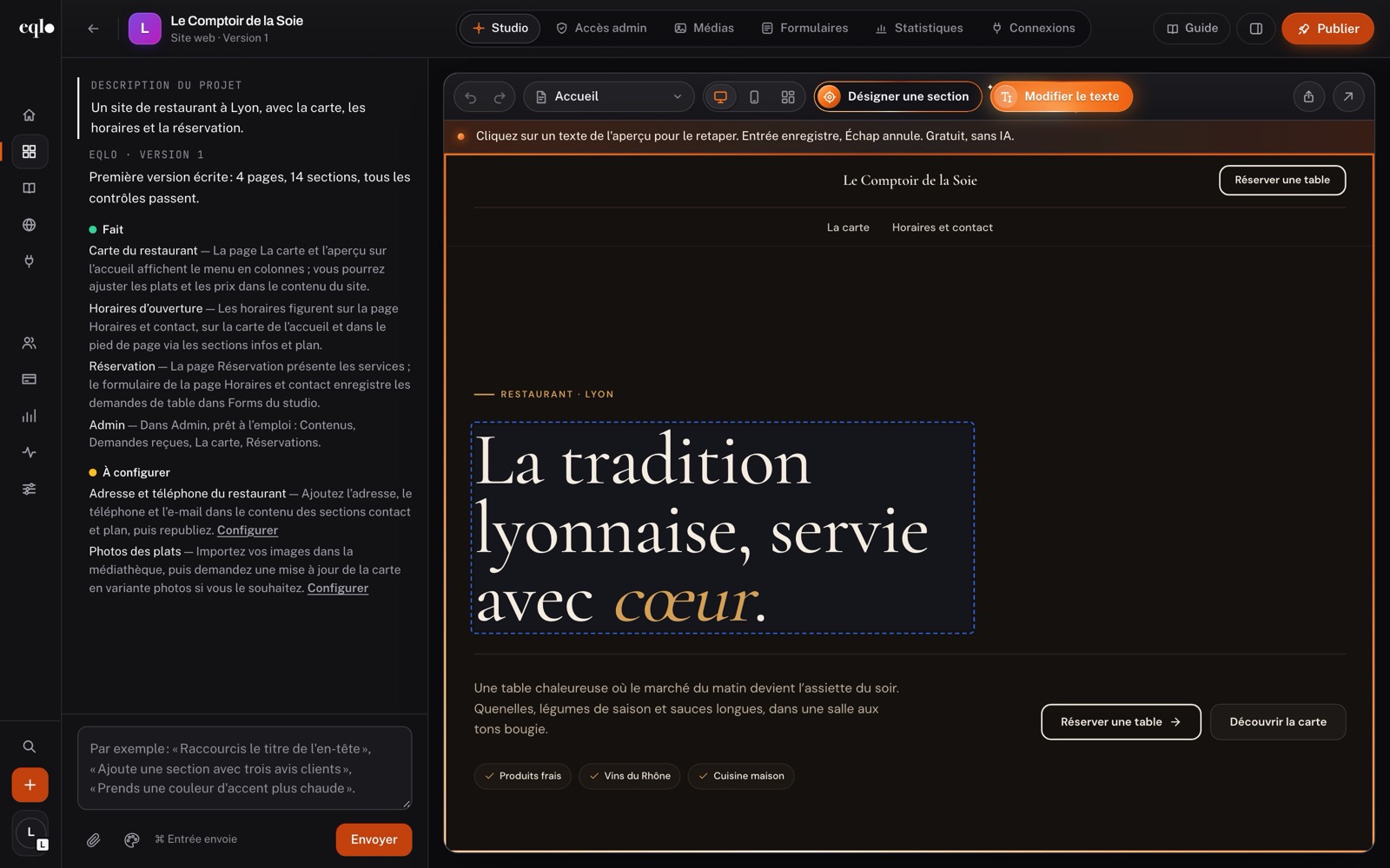 Mode Modifier le texte du studio Eqlo : le titre « La tradition lyonnaise, servie avec cœur » sélectionné pour être retapé sur le site du restaurant