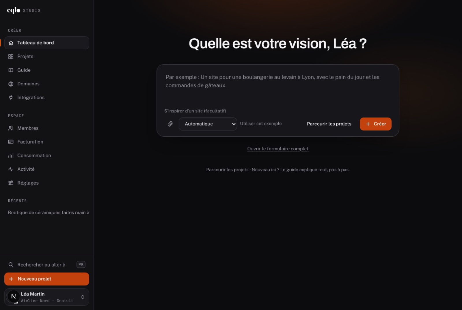 Tableau de bord Eqlo qui demande « Quelle est votre vision, Léa ? », avec la zone pour décrire le projet, le site d’inspiration facultatif et le bouton Créer