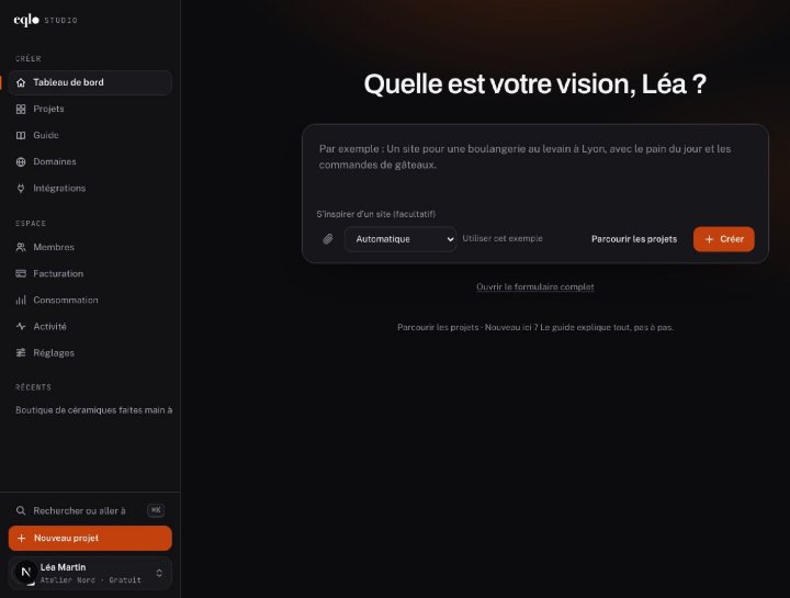 L’accueil du studio Eqlo : « Quelle est votre vision ? » au-dessus du champ de projet