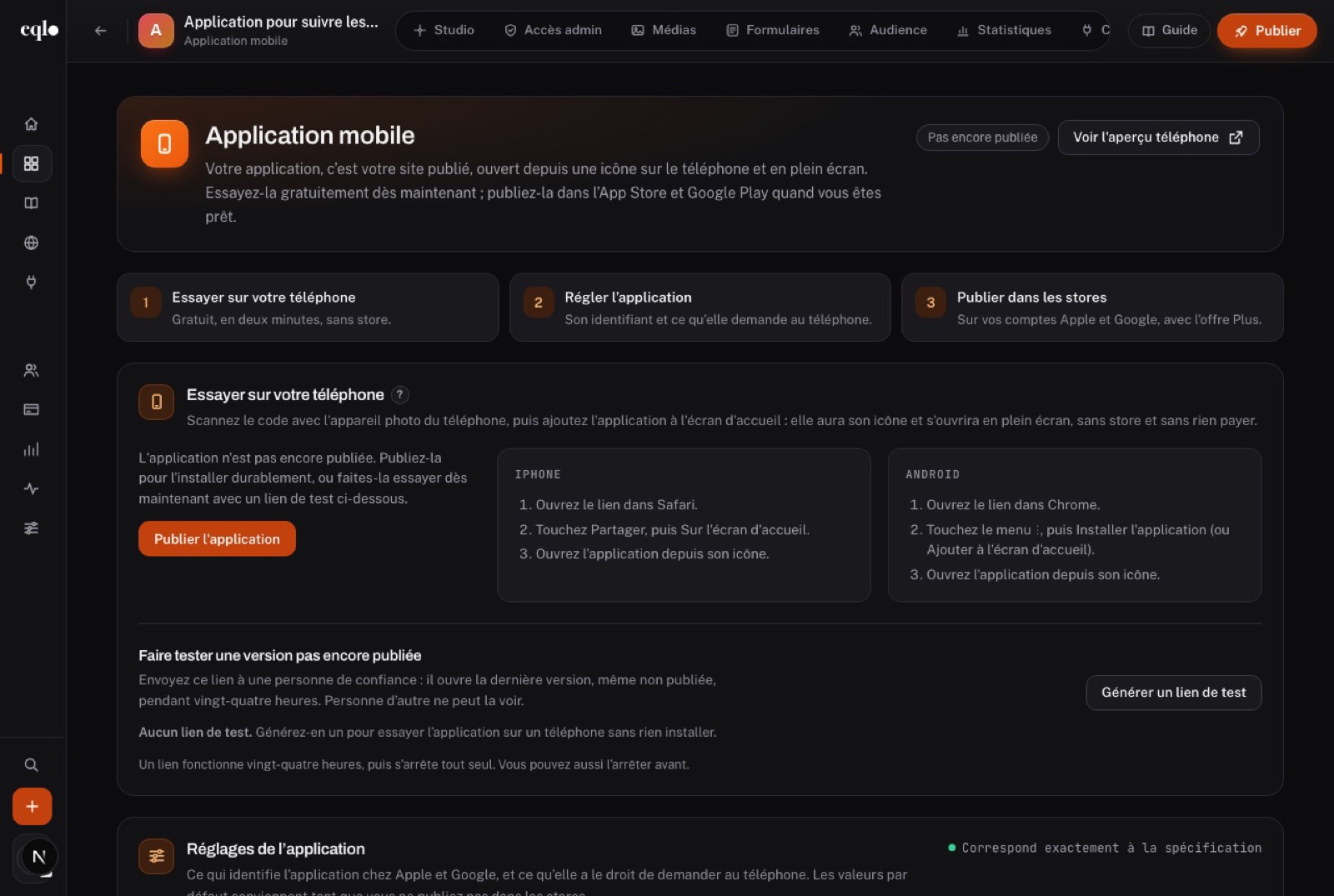 Écran Application mobile d’Eqlo : essayer sur votre téléphone, régler l’application et publier dans les stores, avec les étapes d’installation sur iPhone et Android