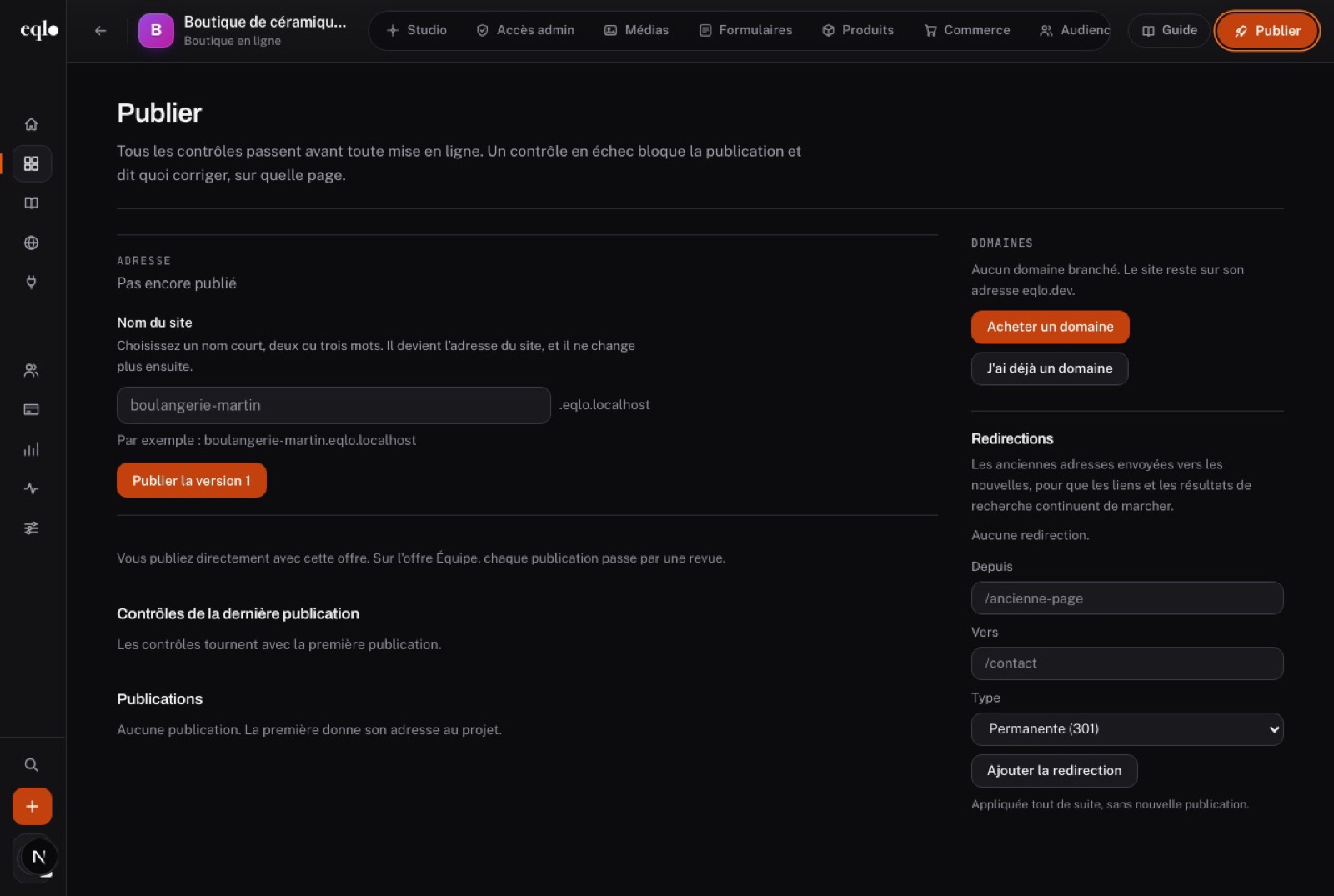 Écran Publier de la boutique de céramiques : le nom du site, le bouton pour publier la version 1, les options de domaine et un formulaire de redirection