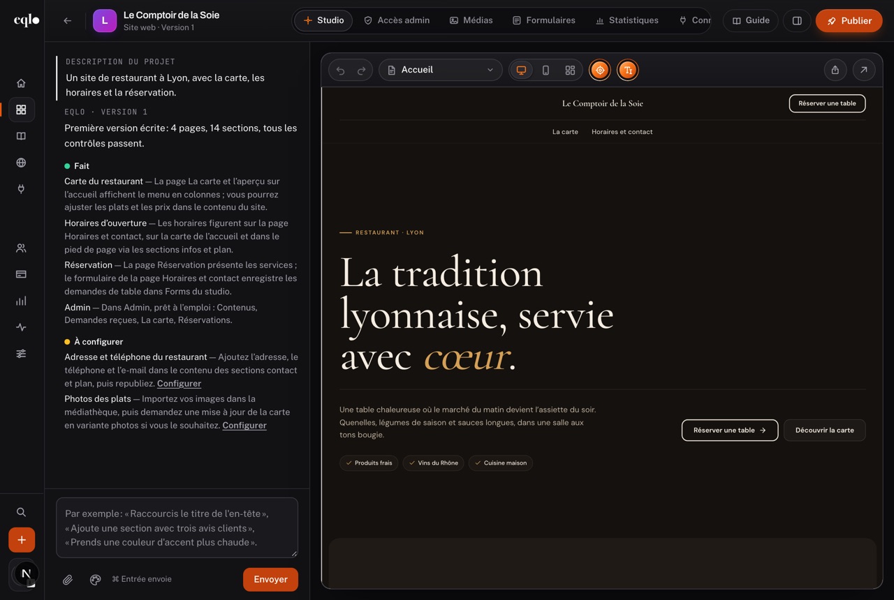 Le Comptoir de la Soie, site de restaurant à Lyon, dans le studio : le bilan fait et à configurer à gauche, l’aperçu de l’accueil à droite