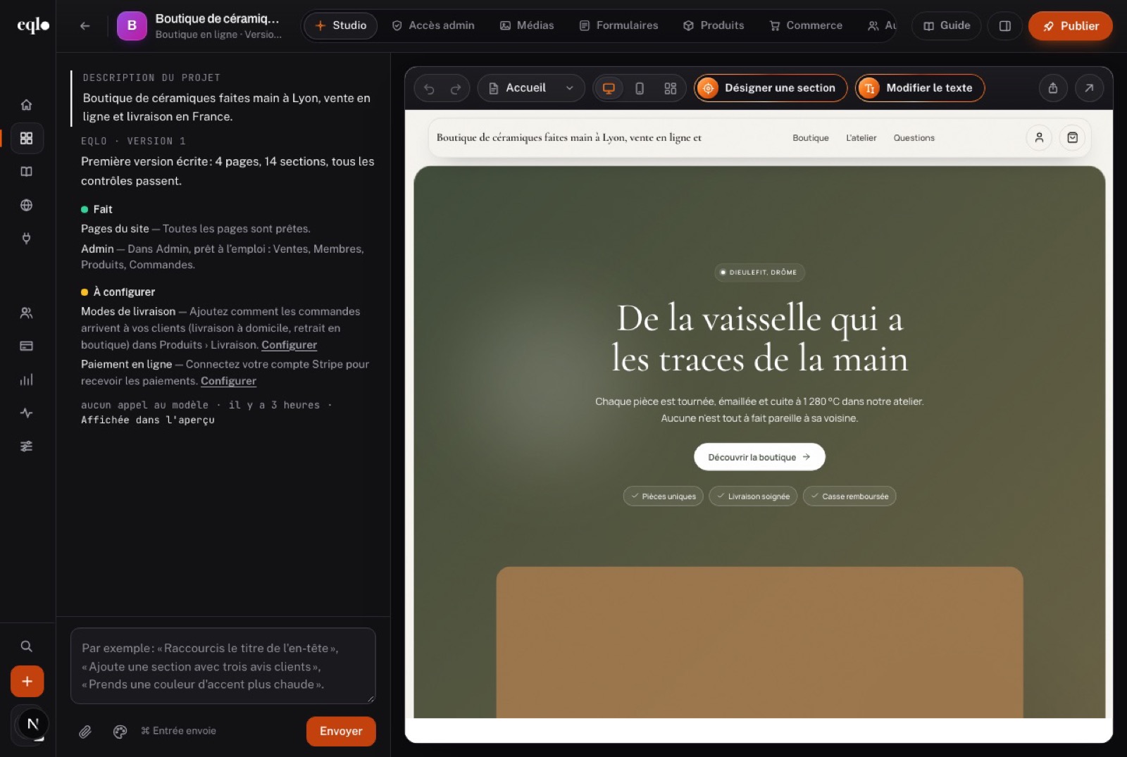 Fonctionnalités Eqlo dans le studio : la boutique de céramiques faites main à Lyon, le bilan de sa première version à gauche et l’aperçu de l’accueil à droite