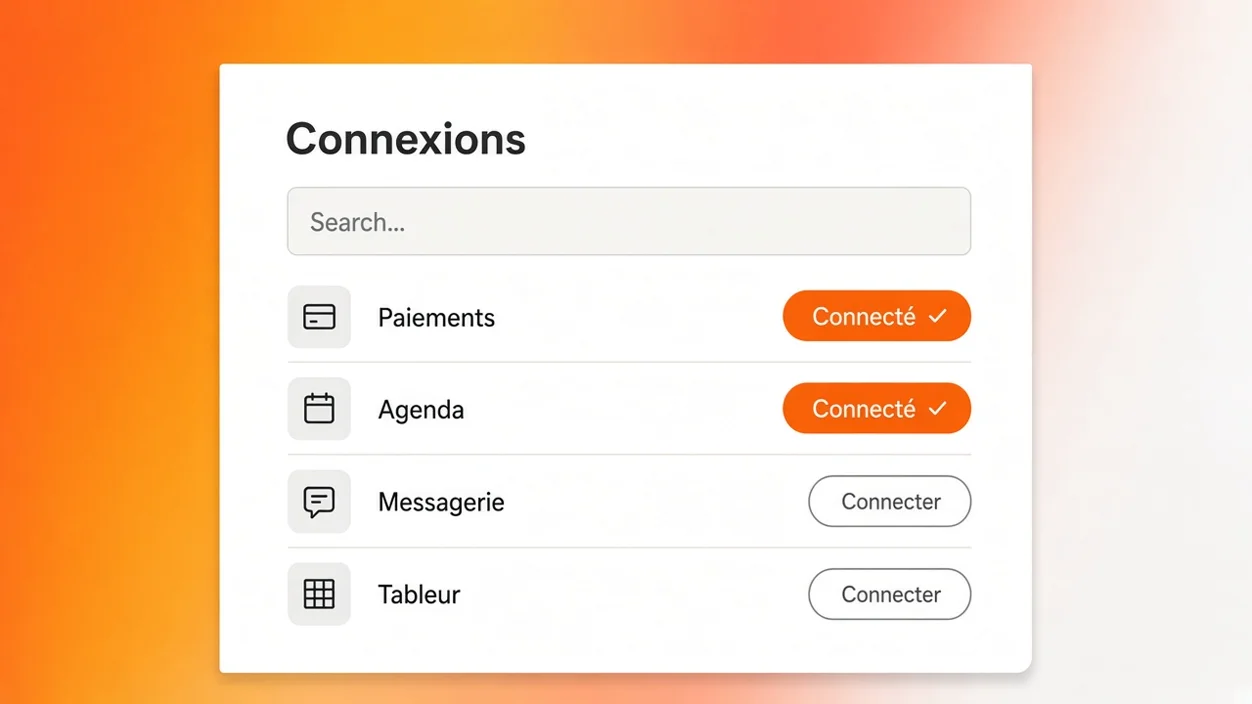 Connexions disponibles dans Eqlo : paiements, agenda, messagerie et tableur reliés au projet en une phrase
