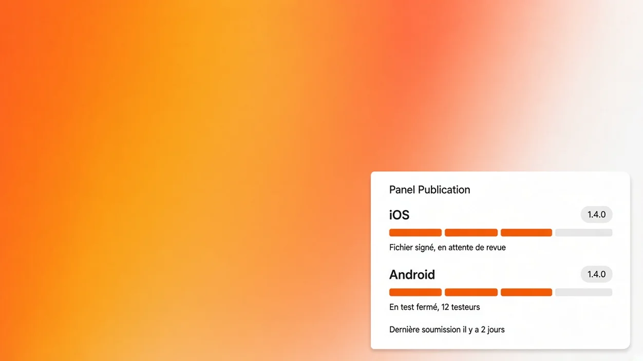 Panneau de publication avec un build iOS signé en revue et un build Android en test fermé