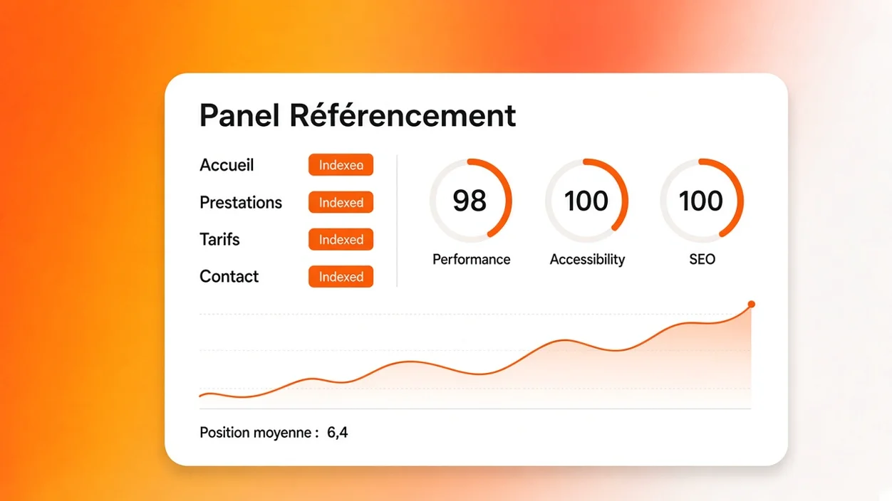 Tableau de bord du référencement d'Eqlo : pages indexées, scores de performance et évolution des positions d'un site généré par IA