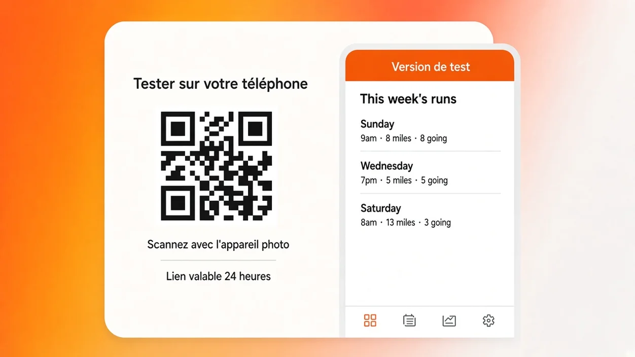 Tester une application mobile créée par IA : un QR code affiché dans Eqlo permet d'essayer l'app sur son téléphone avant publication